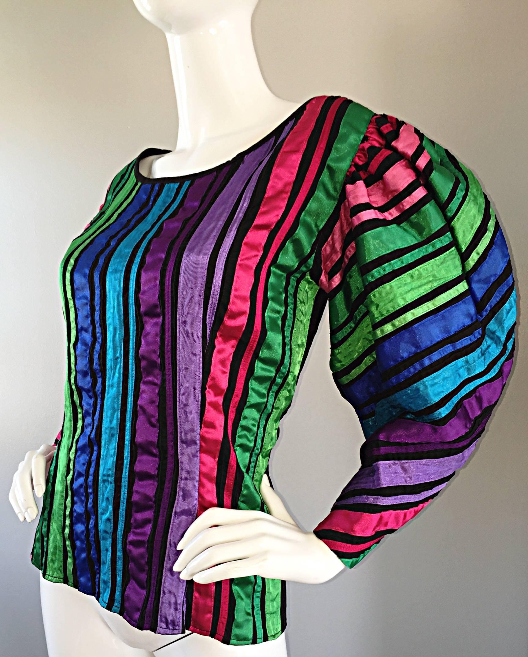 Tachi Castillo Vintage Mexican Colorful Rainbow Striped Cotton Avant Garde Top In Excellent Condition For Sale In San Diego, CA