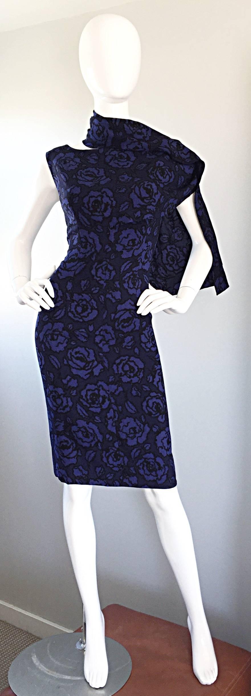 1950s James Galanos for Elizabeth Arden Blue Rose Print Wiggle Scarf Dress 5