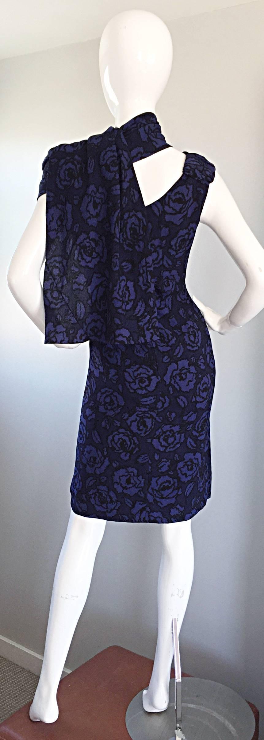 1950s James Galanos for Elizabeth Arden Blue Rose Print Wiggle Scarf Dress 1