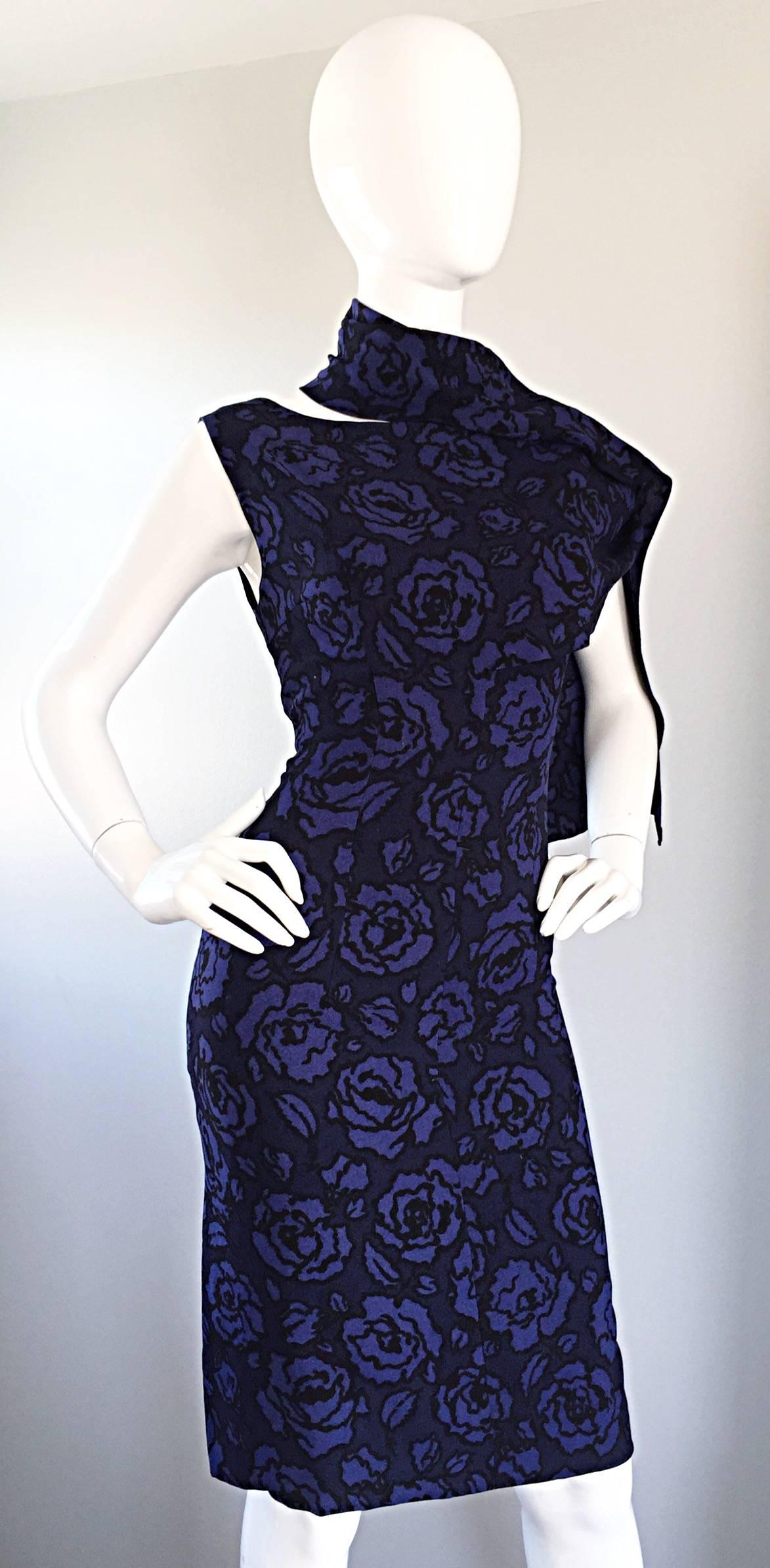 Women's 1950s James Galanos for Elizabeth Arden Blue Rose Print Wiggle Scarf Dress