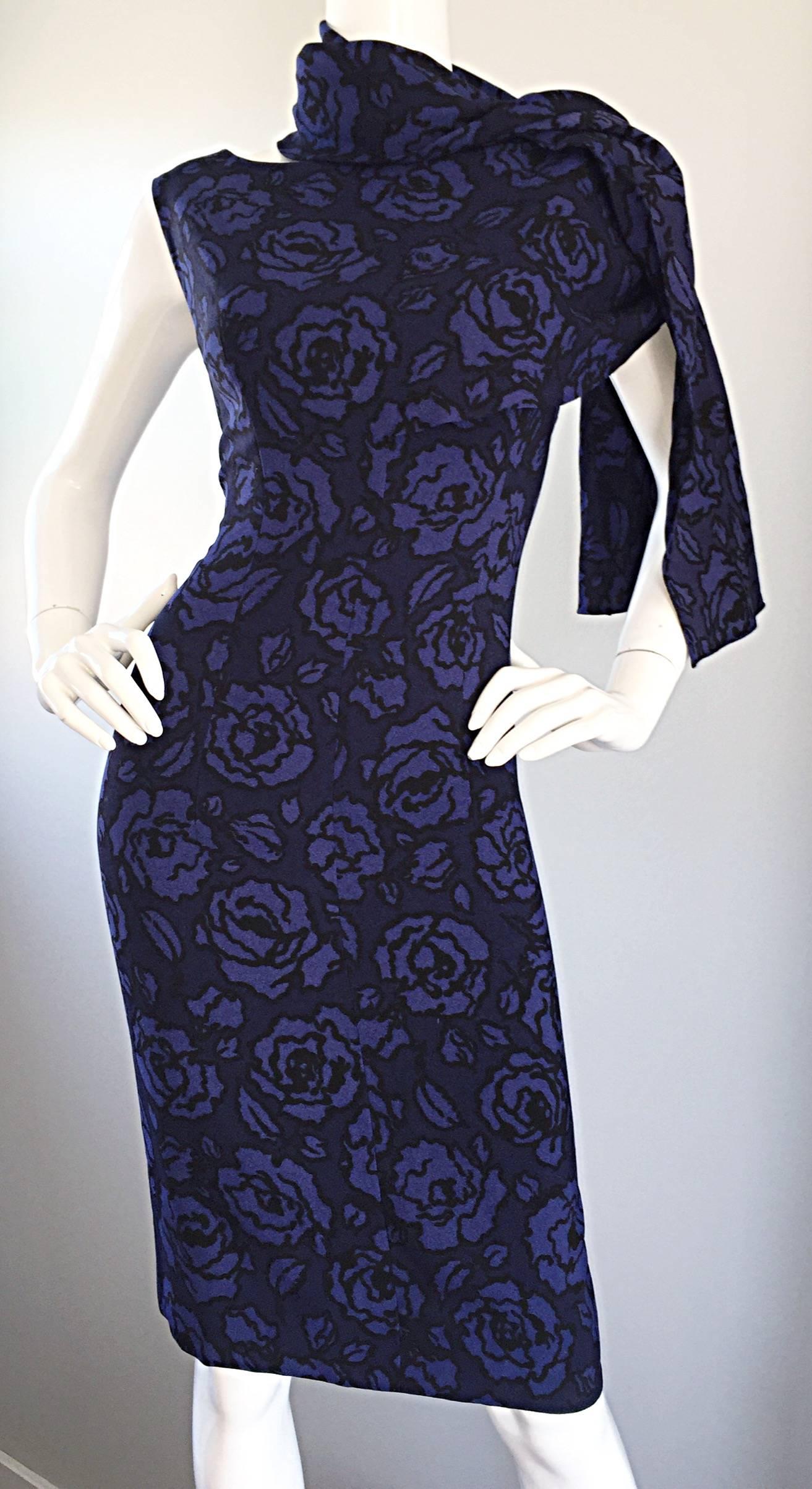 1950s James Galanos for Elizabeth Arden Blue Rose Print Wiggle Scarf Dress 3