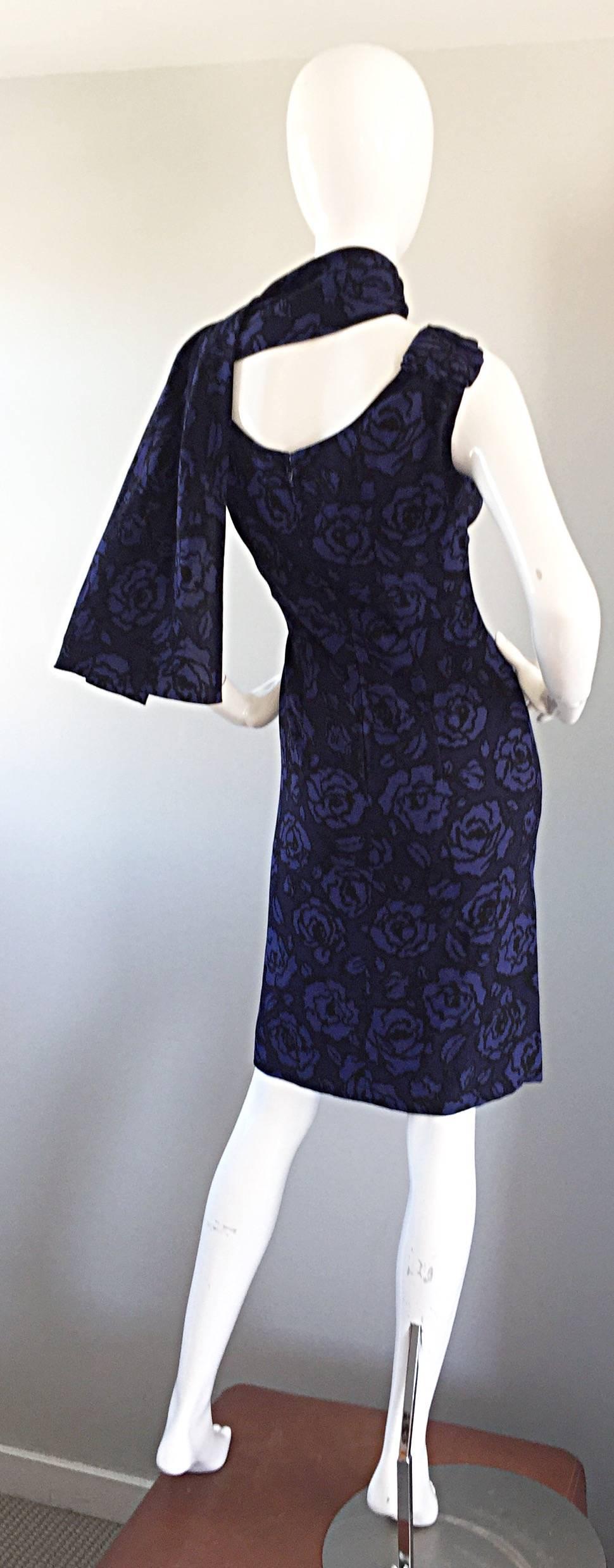 1950s James Galanos for Elizabeth Arden Blue Rose Print Wiggle Scarf Dress 4