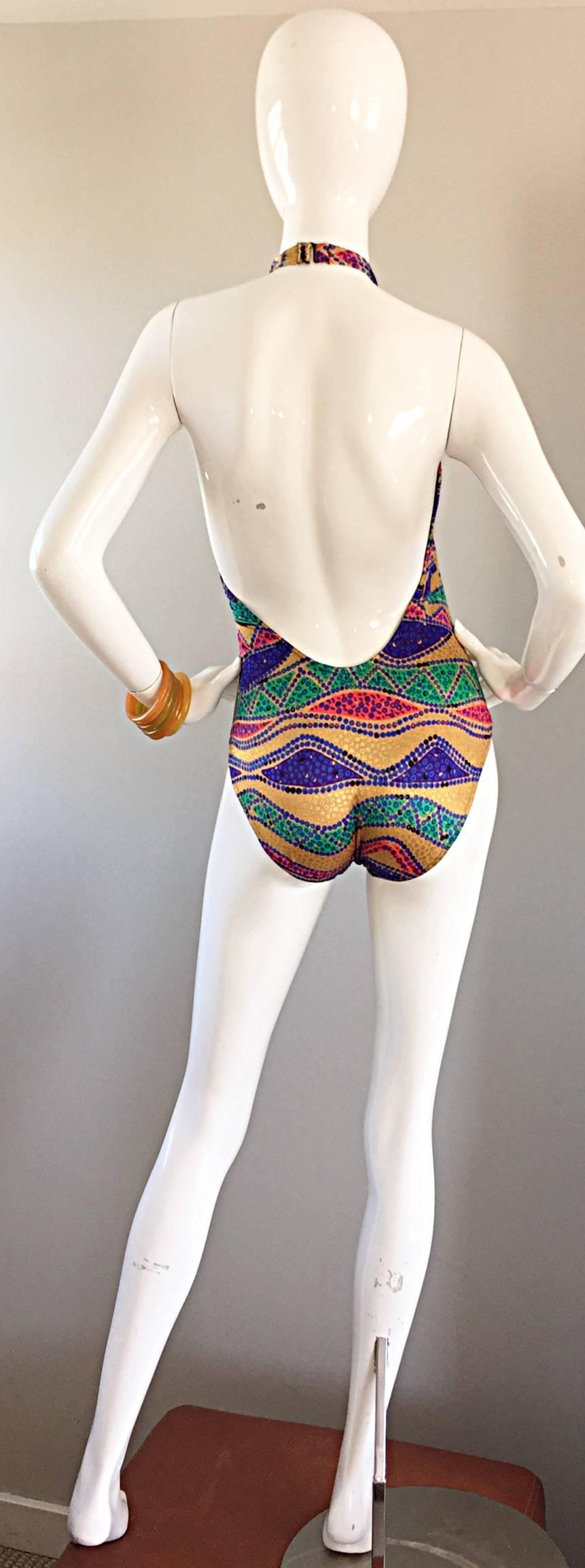 Women's Bill Blass Vintage Tribal Print Ethnic One Piece 1980s Halter Swimsuit Bodysuit 