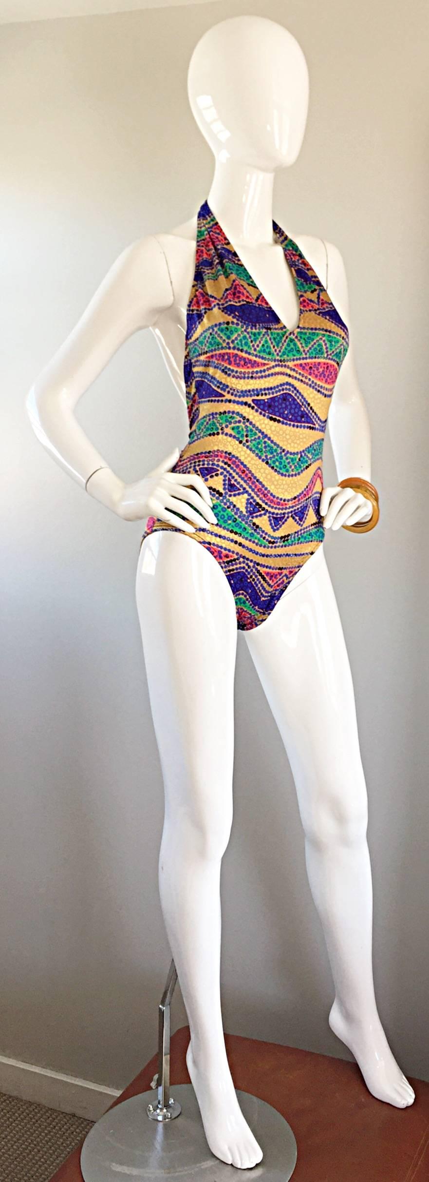 Bill Blass Vintage Tribal Print Ethnic One Piece 1980s Halter Swimsuit Bodysuit  2
