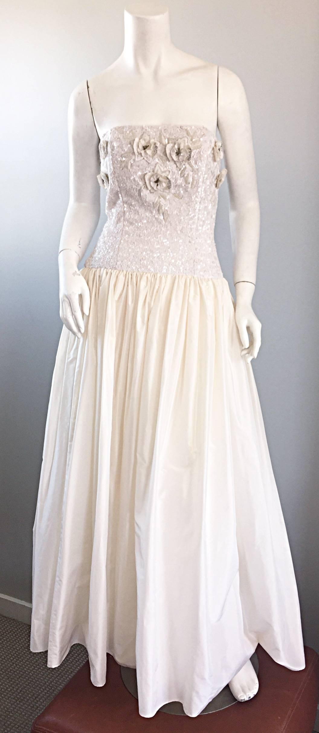 Beautiful Vintage Richilene White Silk Taffeta Sequin Beaded Evening Gown Dress 1