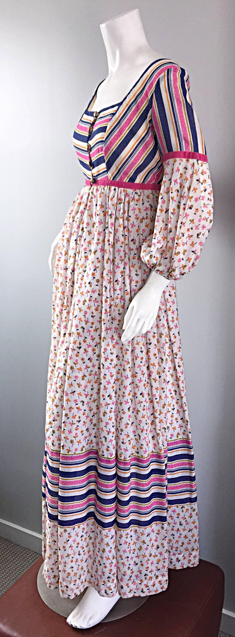 Women's 70s Jay Morley for Fern Violette Peasant Sleeve Boho Pink Silk Cotton Maxi Dress