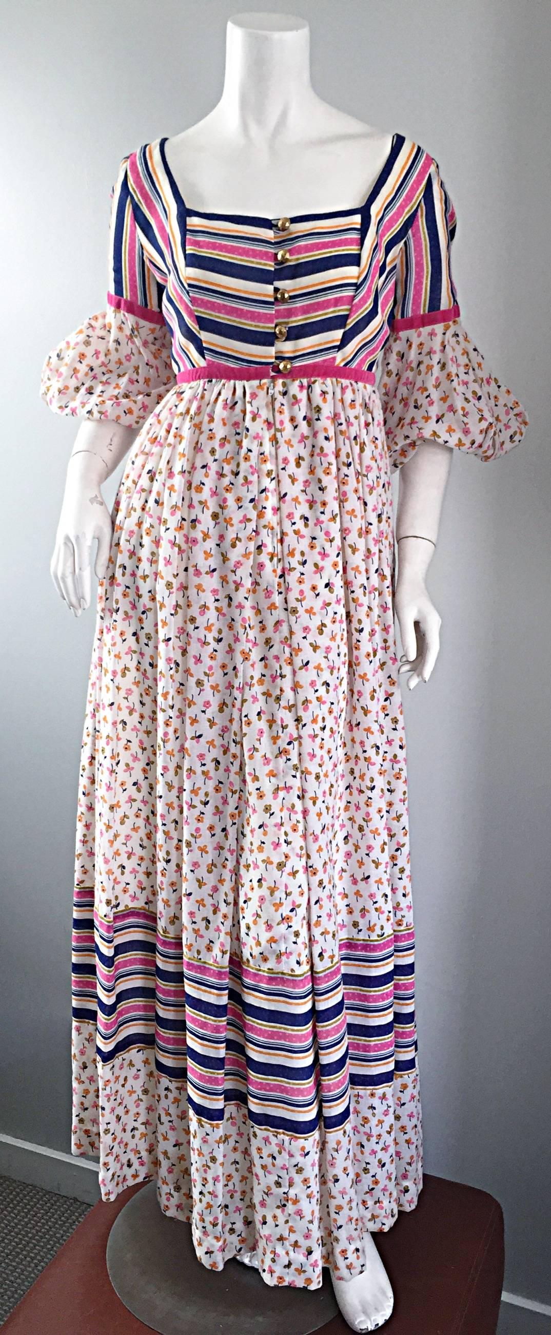 Incredible vintage 1970s JAY MORLEY for FERN VIOLETTE cotton and silk Bohemian maxi dress! Jay Morley was the top costume designer for all the major movie studios from the 1940s-1960, and started producing clothing under his own label in the late