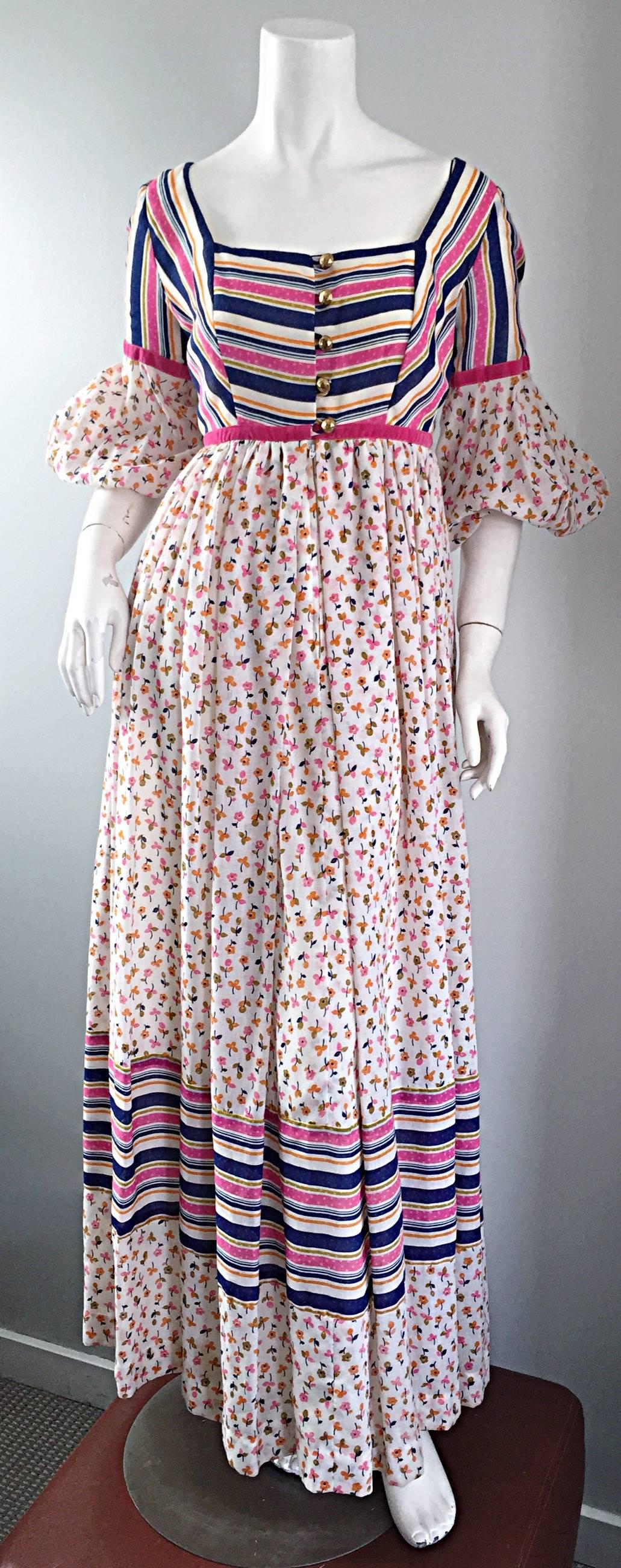 70s Jay Morley for Fern Violette Peasant Sleeve Boho Pink Silk Cotton Maxi Dress For Sale 1