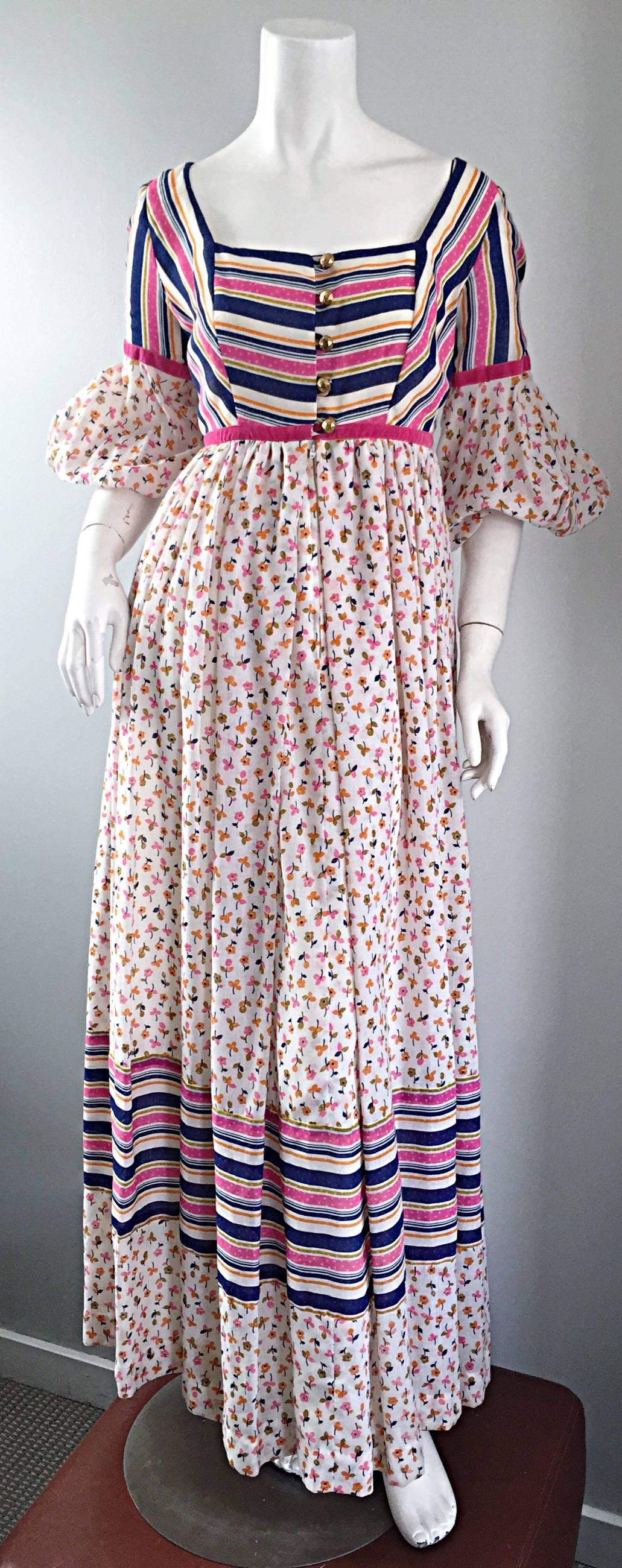 70s Jay Morley for Fern Violette Peasant Sleeve Boho Pink Silk Cotton Maxi Dress 1
