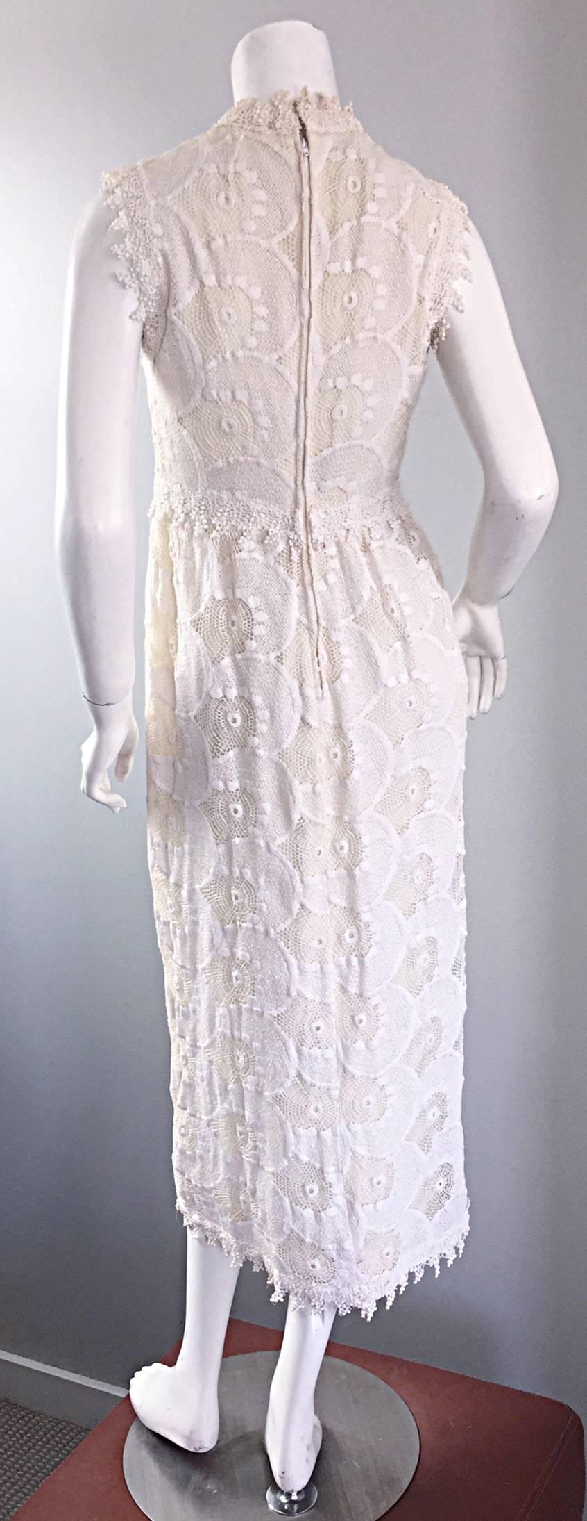 Women's  Vintage 1960s Gloria Sachs Ivory Lace Crochet Midi Tea Length Dress