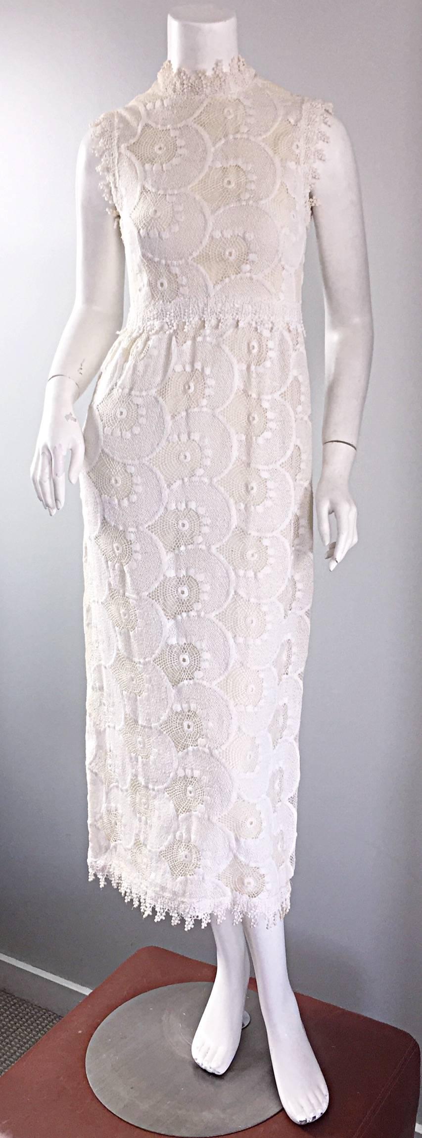  Vintage 1960s Gloria Sachs Ivory Lace Crochet Midi Tea Length Dress 1