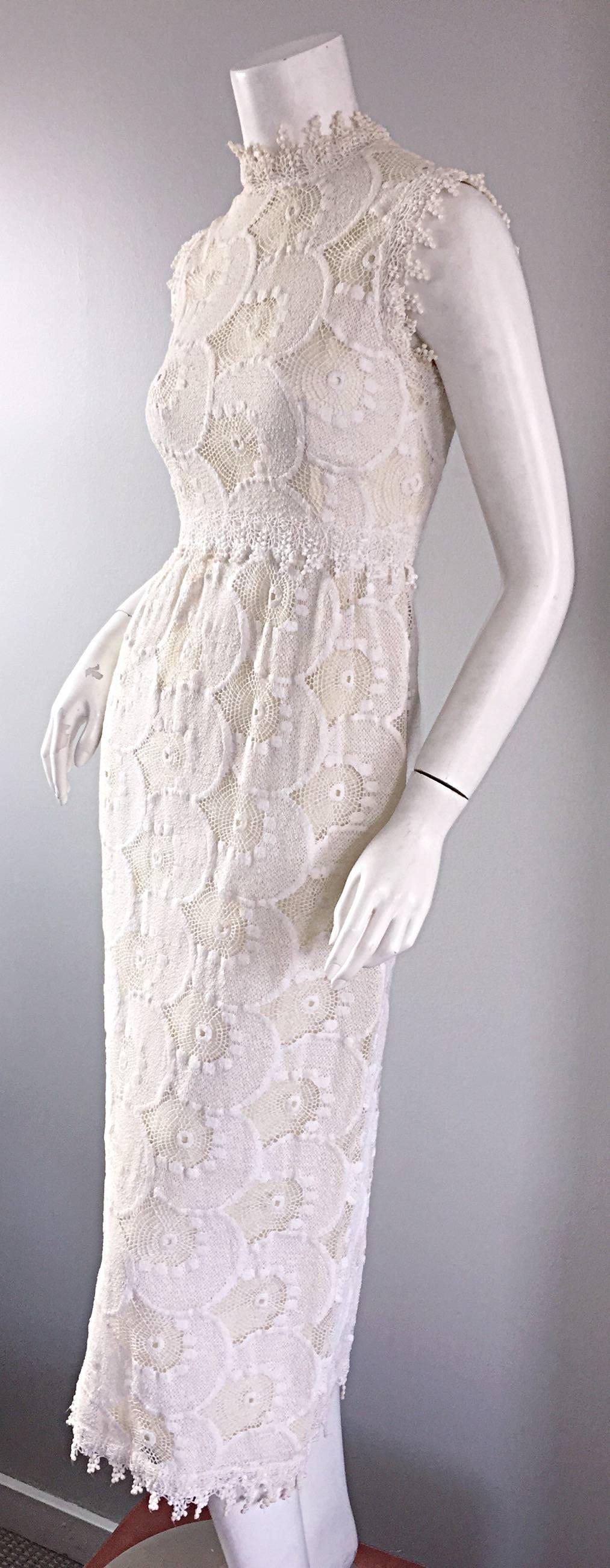 Vintage 1960s Gloria Sachs Ivory Lace Crochet Midi Tea Length Dress In Excellent Condition In San Diego, CA