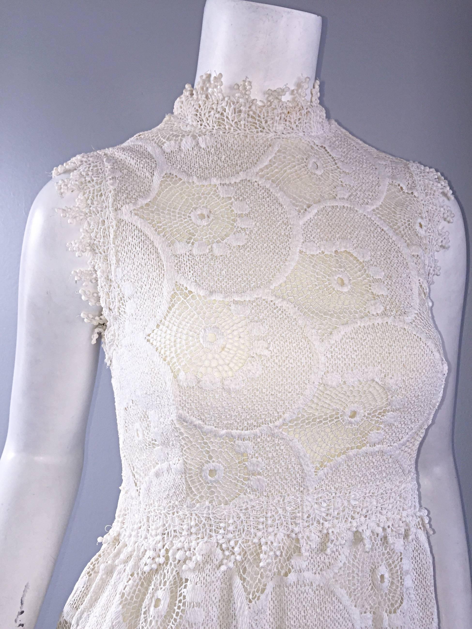 Gray  Vintage 1960s Gloria Sachs Ivory Lace Crochet Midi Tea Length Dress