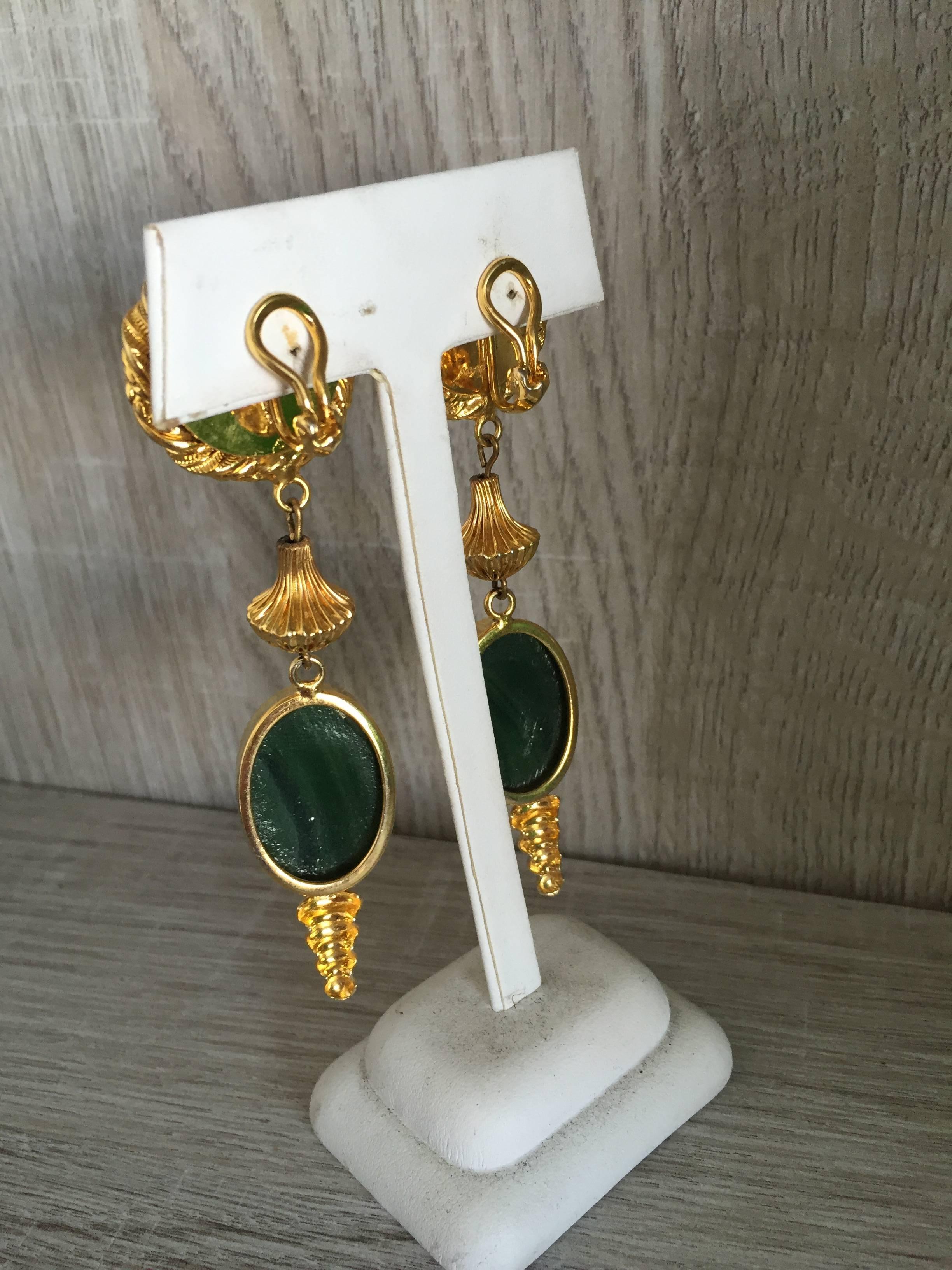 1970s William de Lillo Emerald Green + Gold Vintage Clip On Earrings Signed 2
