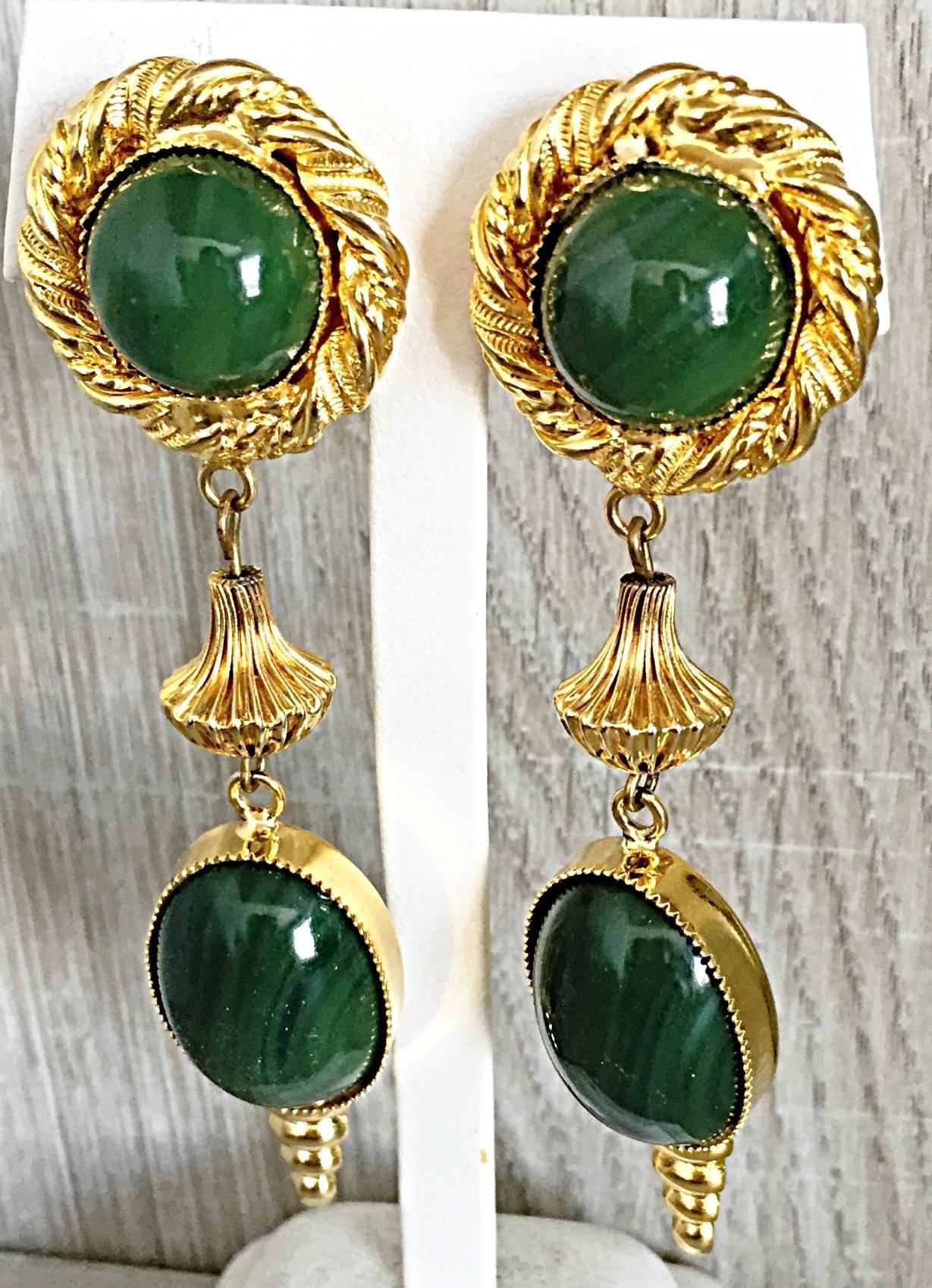 1970s William de Lillo Emerald Green + Gold Vintage Clip On Earrings Signed 3