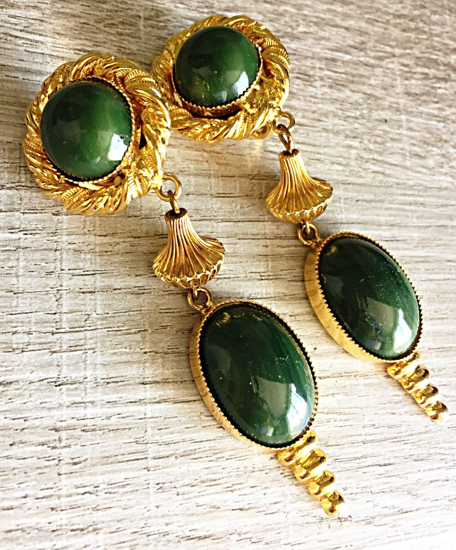 1970s William de Lillo Emerald Green + Gold Vintage Clip On Earrings Signed 1