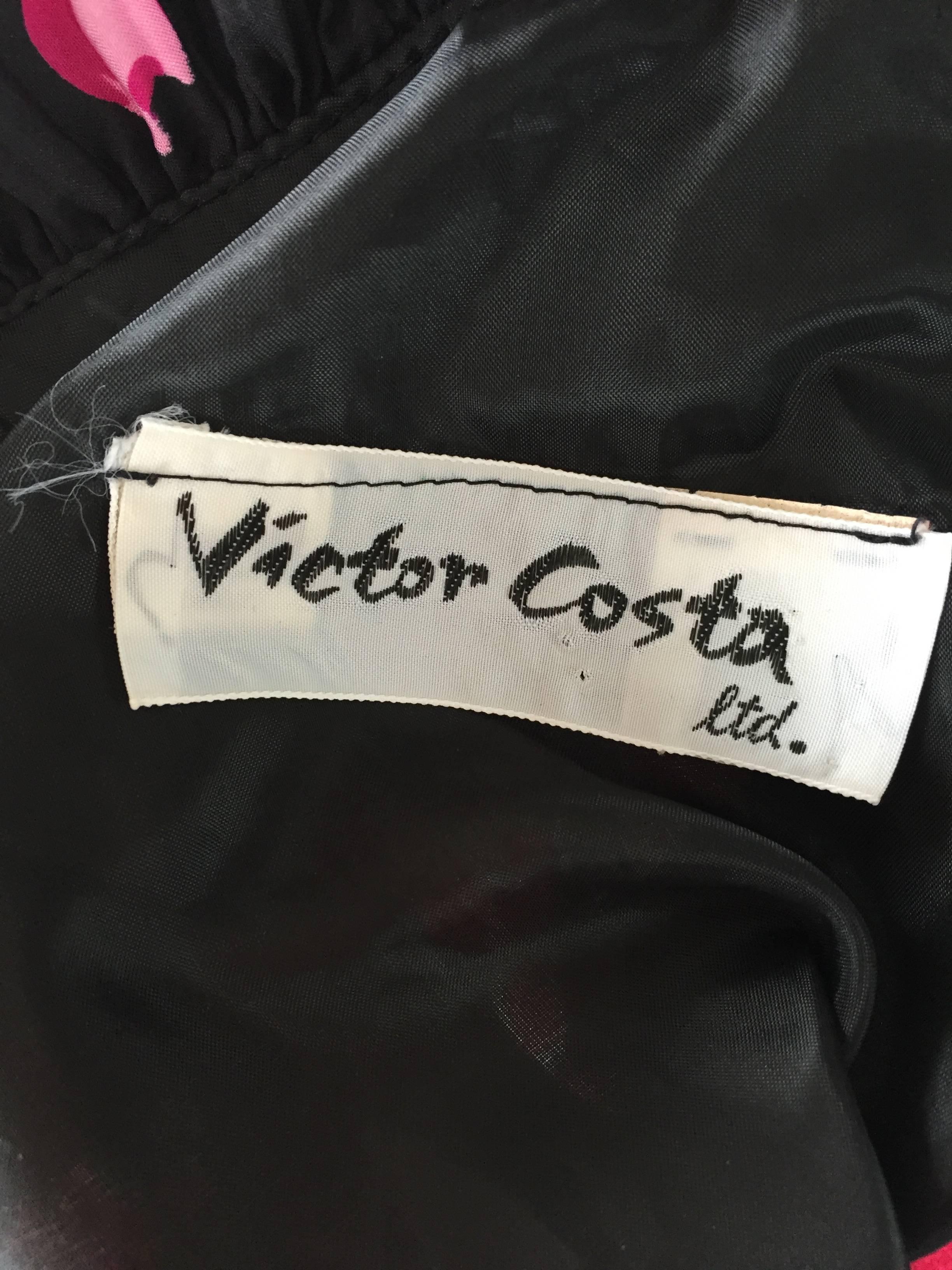 Vintage Victor Costa 1970s Black Tulip Print 70s Taffeta Belted Ruffle Dress 6