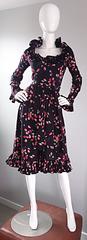 Vintage Victor Costa 1970s Black Tulip Print 70s Taffeta Belted Ruffle Dress