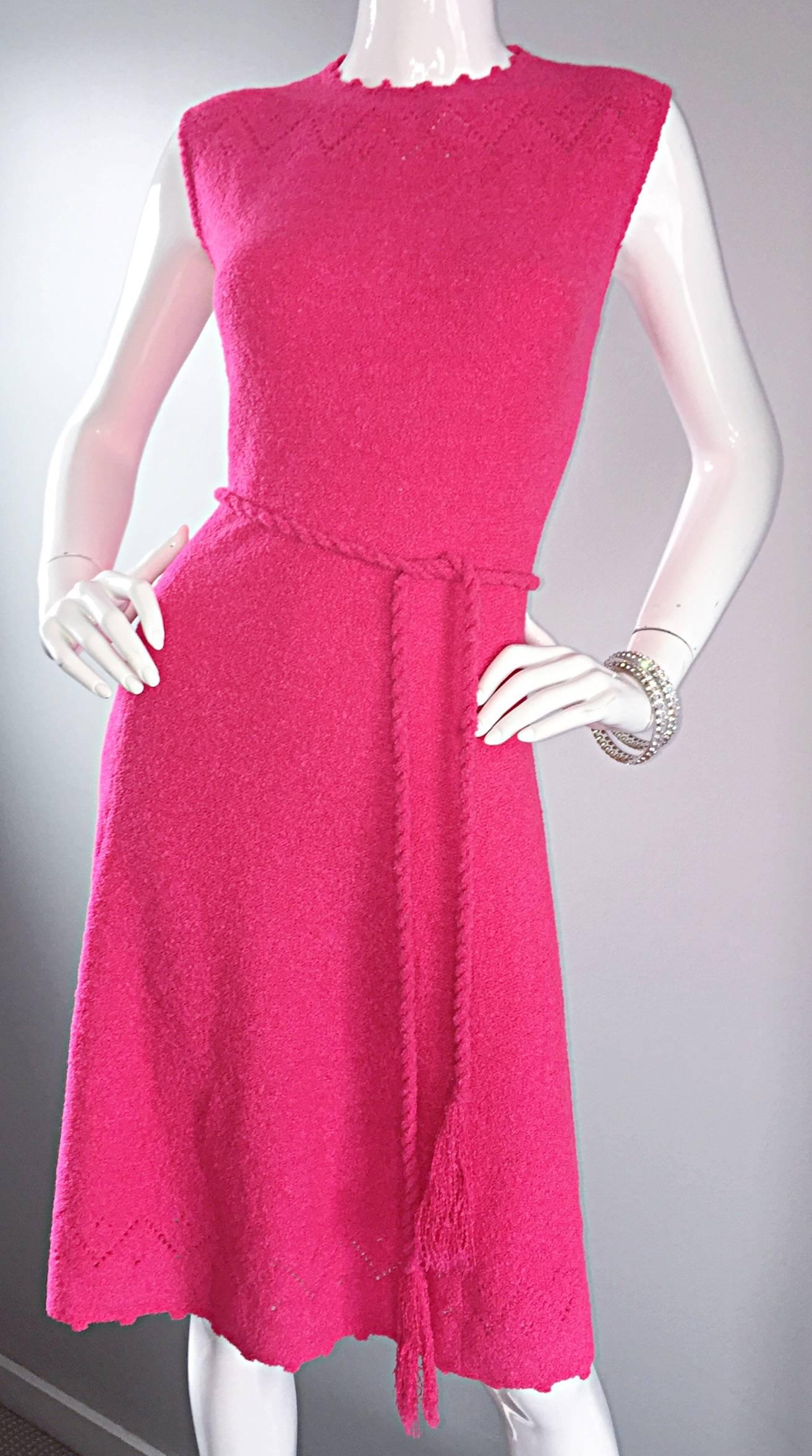 1960s St. John Hot Pink Crochet Knit A - Line 60s Vintage Dress w/ Tassel Belt In Excellent Condition In San Diego, CA