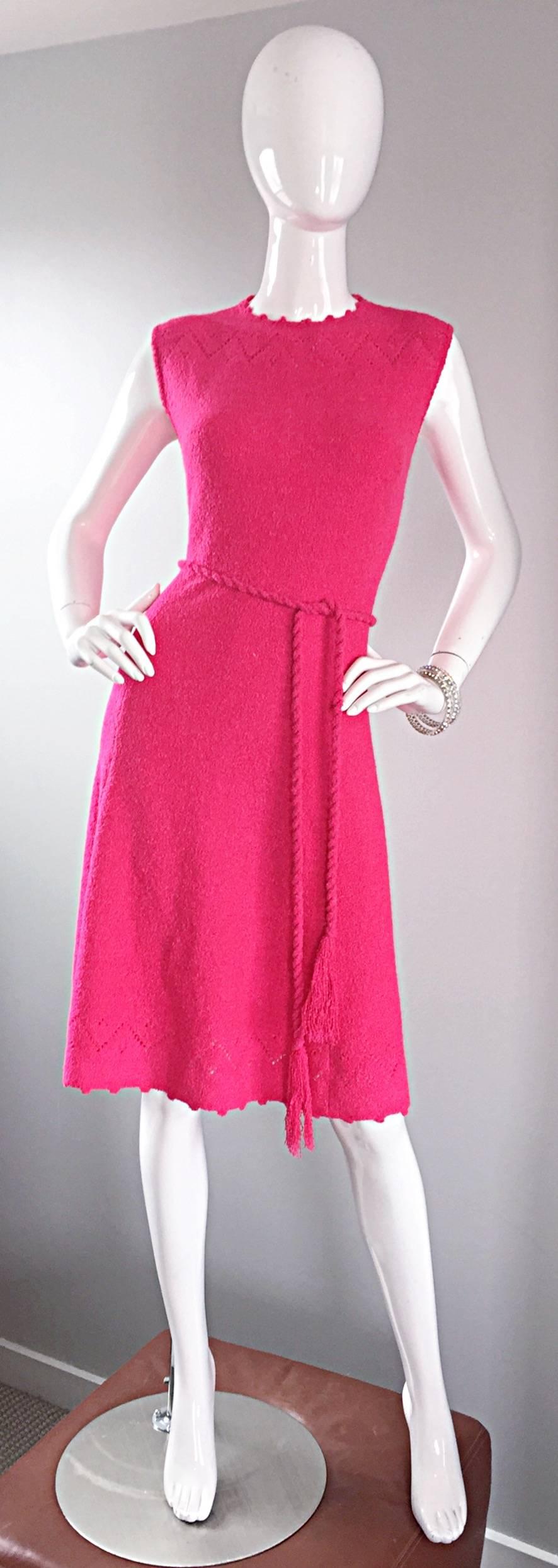 1960s St. John Hot Pink Crochet Knit A - Line 60s Vintage Dress w/ Tassel Belt 3