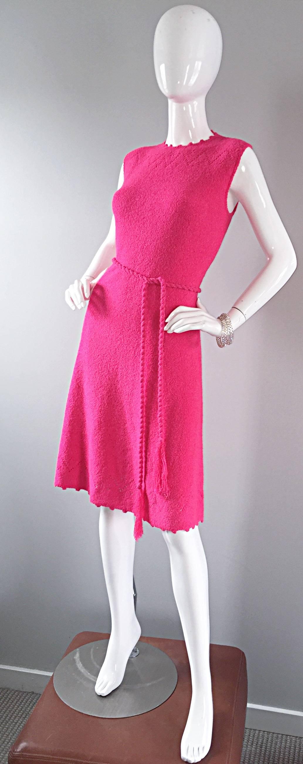 1960s St. John Hot Pink Crochet Knit A - Line 60s Vintage Dress w/ Tassel Belt 1