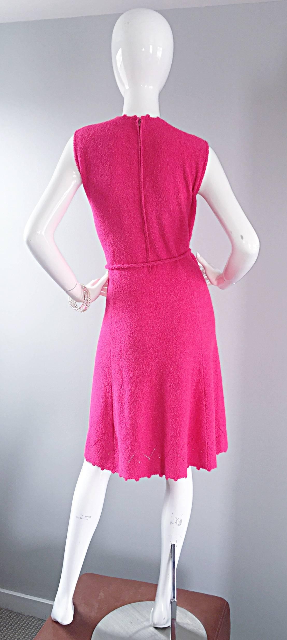 1960s St. John Hot Pink Crochet Knit A - Line 60s Vintage Dress w/ Tassel Belt 2