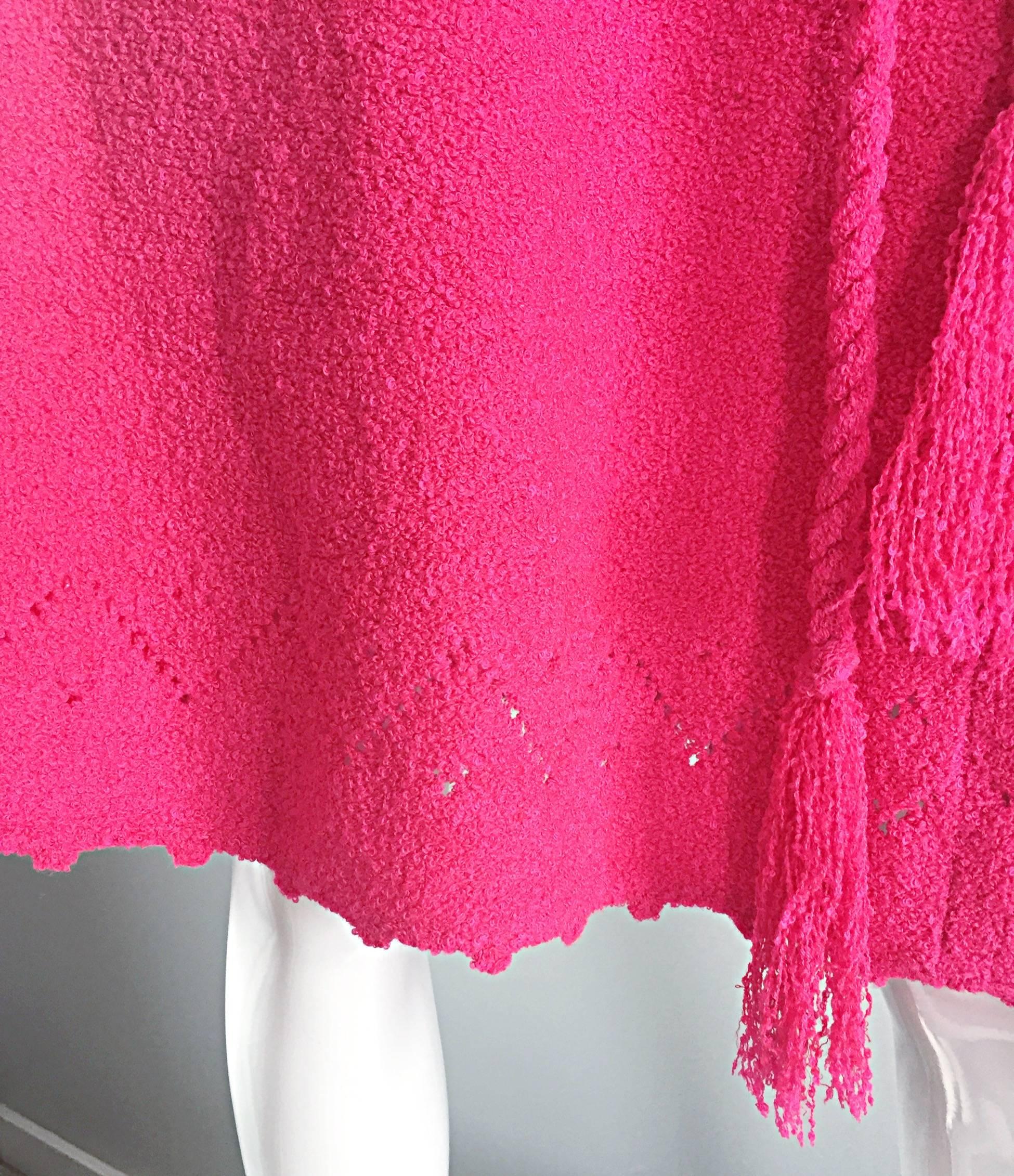 Women's 1960s St. John Hot Pink Crochet Knit A - Line 60s Vintage Dress w/ Tassel Belt