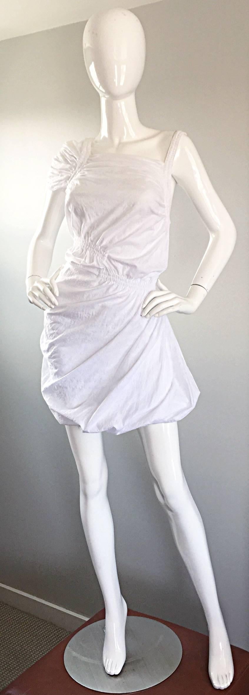 New Thakoon White Asymmetrical One Shoulder Cotton Ruched Mini Bubble Dress For Sale 1