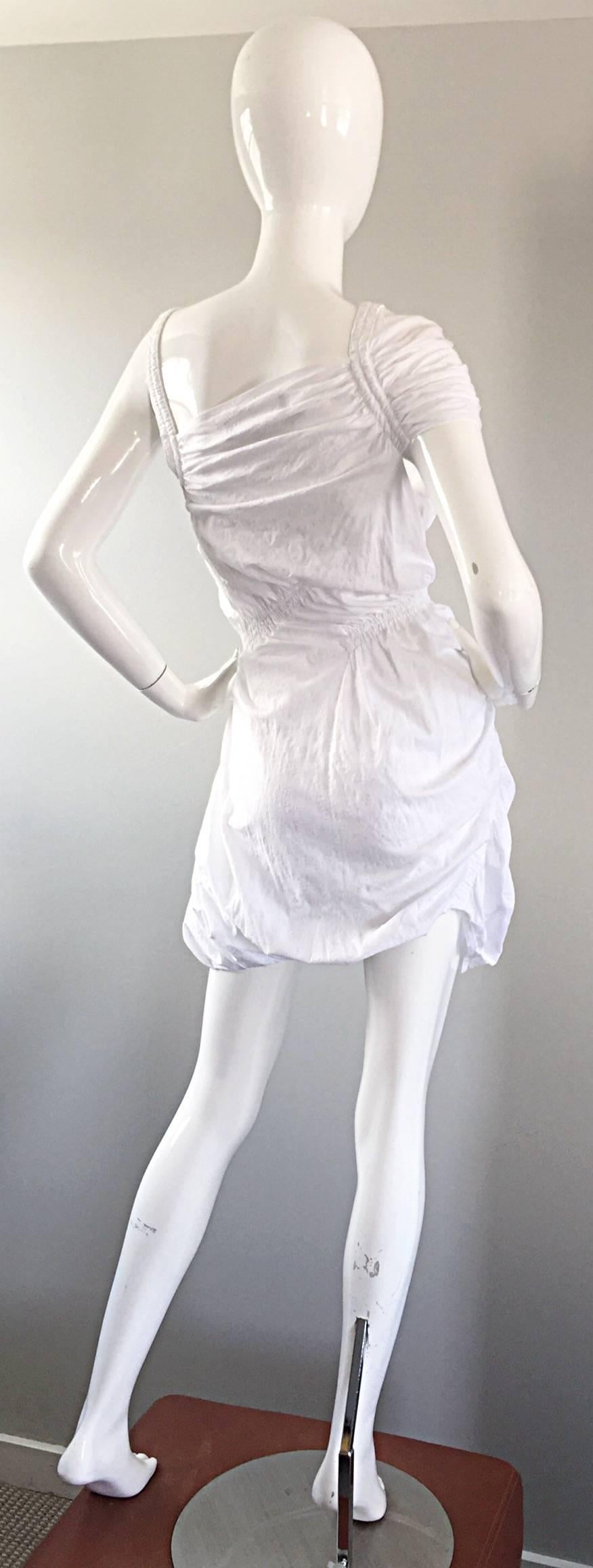 Women's New Thakoon White Asymmetrical One Shoulder Cotton Ruched Mini Bubble Dress For Sale