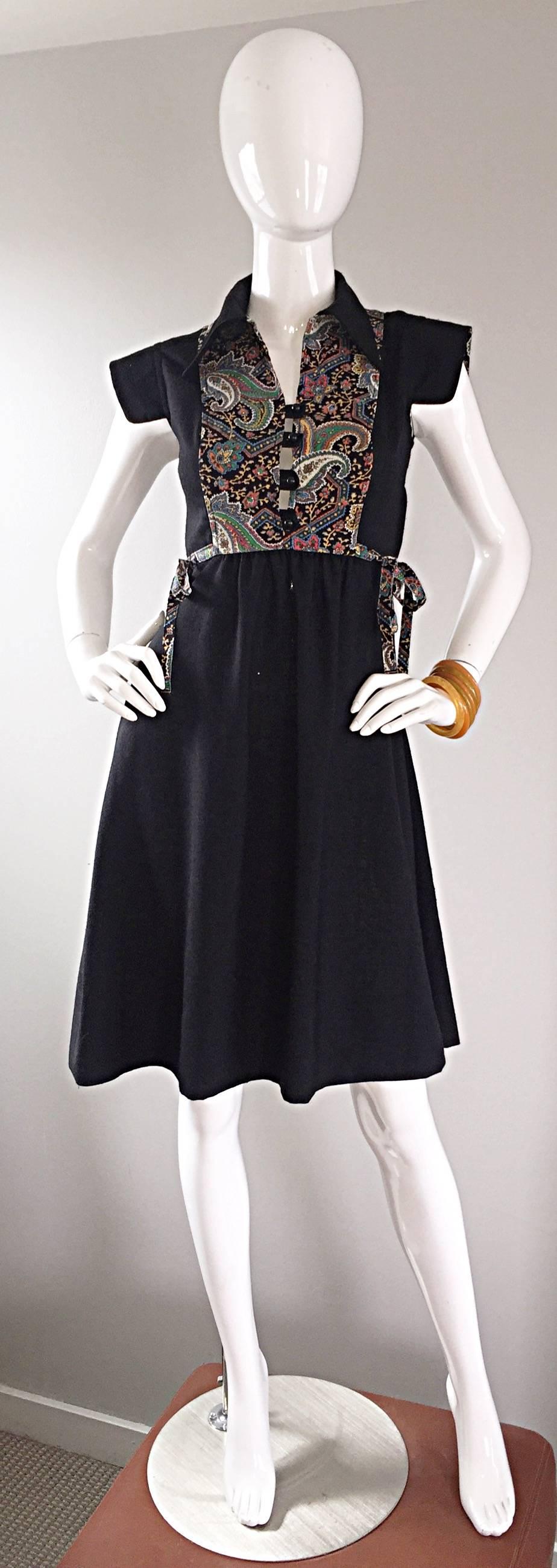 Chic vintage 70s LORD & TAYLOR linen and cotton A Line dress! Features luxurious black Irish linen with colorful cotton paisley patchwork at front and back bodice, and sleeve lining. Ties at both sides of the waist can be tied in front and back, or