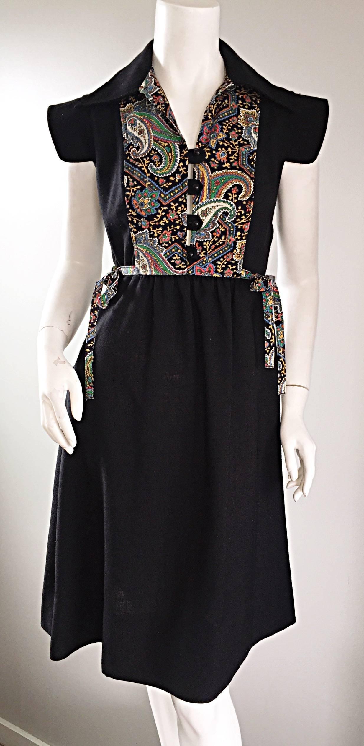 Women's 1970s Lord & Taylor Black Linen Paisley Cap Sleeve Vintage Boho A - Line Dress For Sale