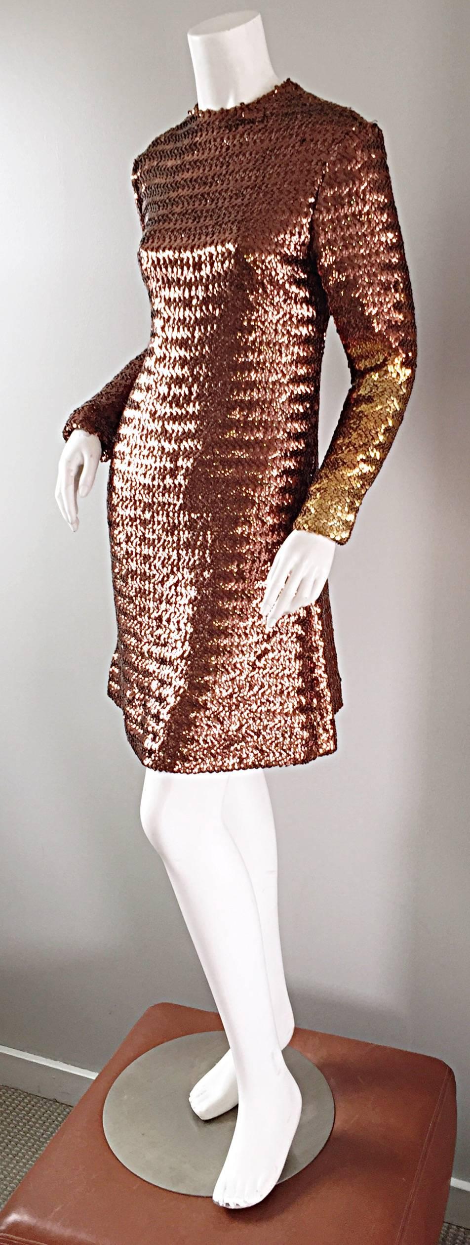 Brown 1960s Suzy Perette Bronze Ombre Fully Sequined A Line Vintage Long Sleeve Dress