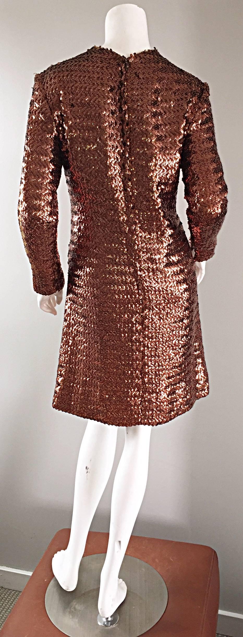 1960s Suzy Perette Bronze Ombre Fully Sequined A Line Vintage Long Sleeve Dress In Excellent Condition In San Diego, CA