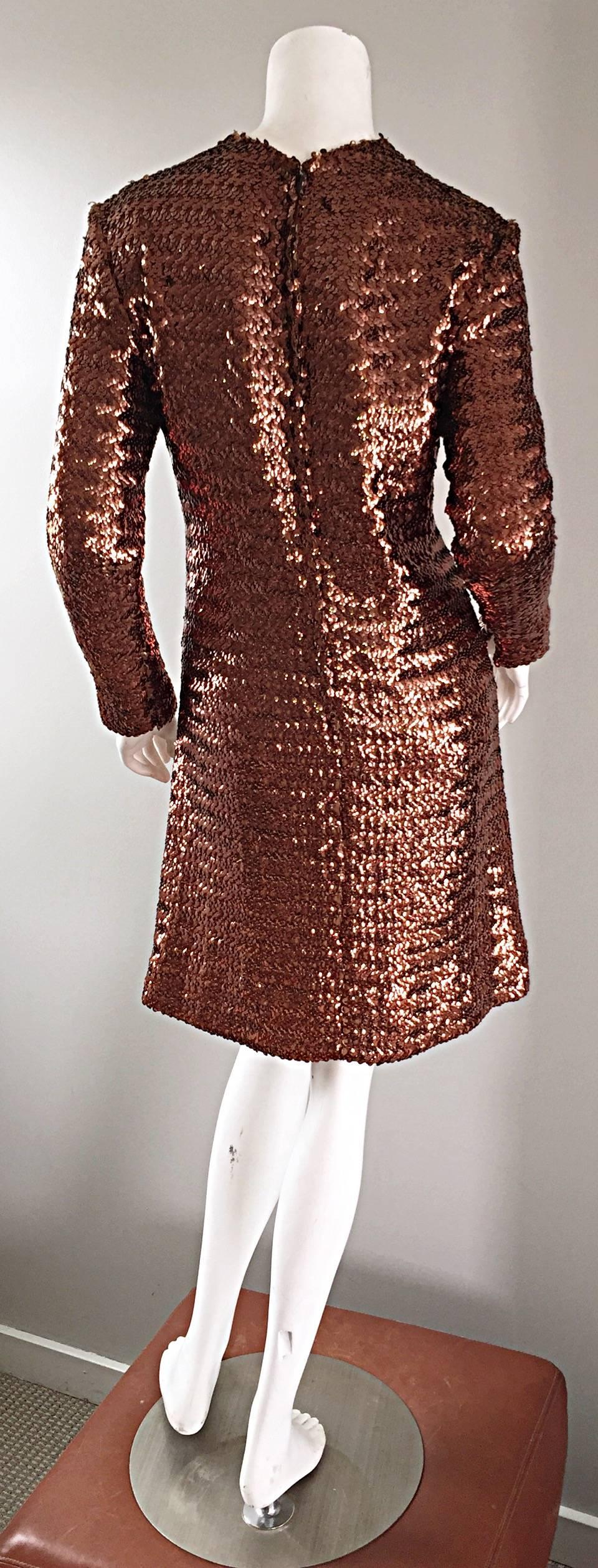 1960s Suzy Perette Bronze Ombre Fully Sequined A Line Vintage Long Sleeve Dress 2