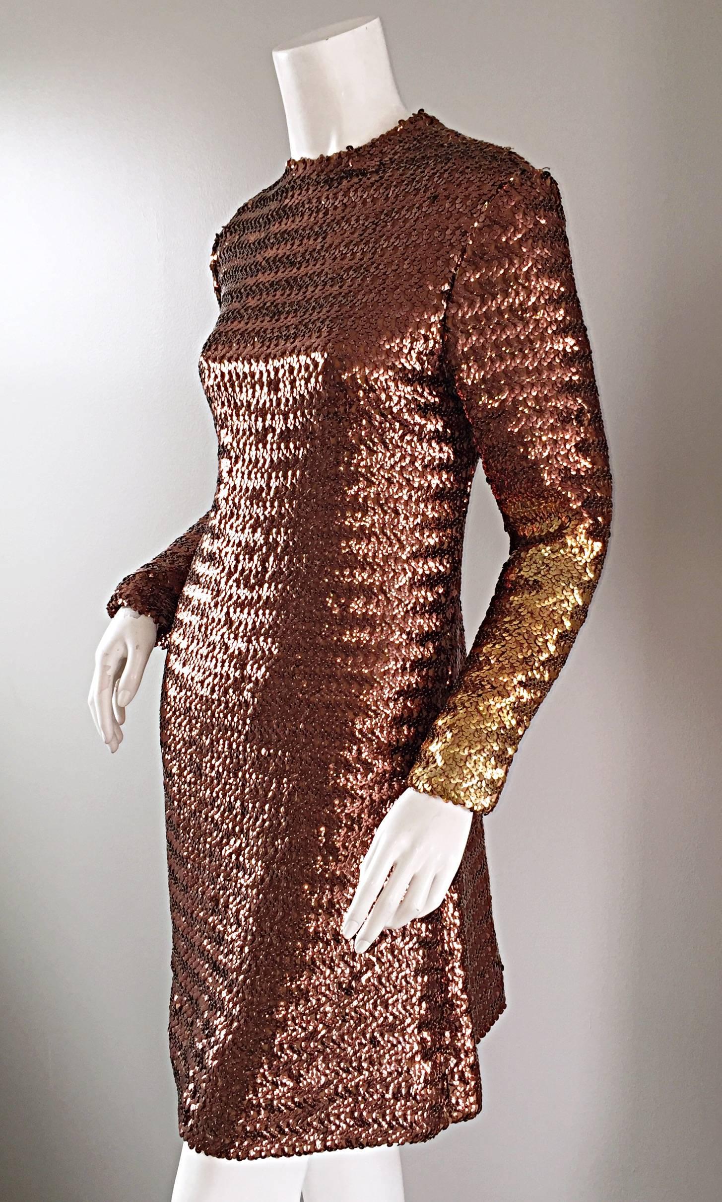 1960s Suzy Perette Bronze Ombre Fully Sequined A Line Vintage Long Sleeve Dress 3