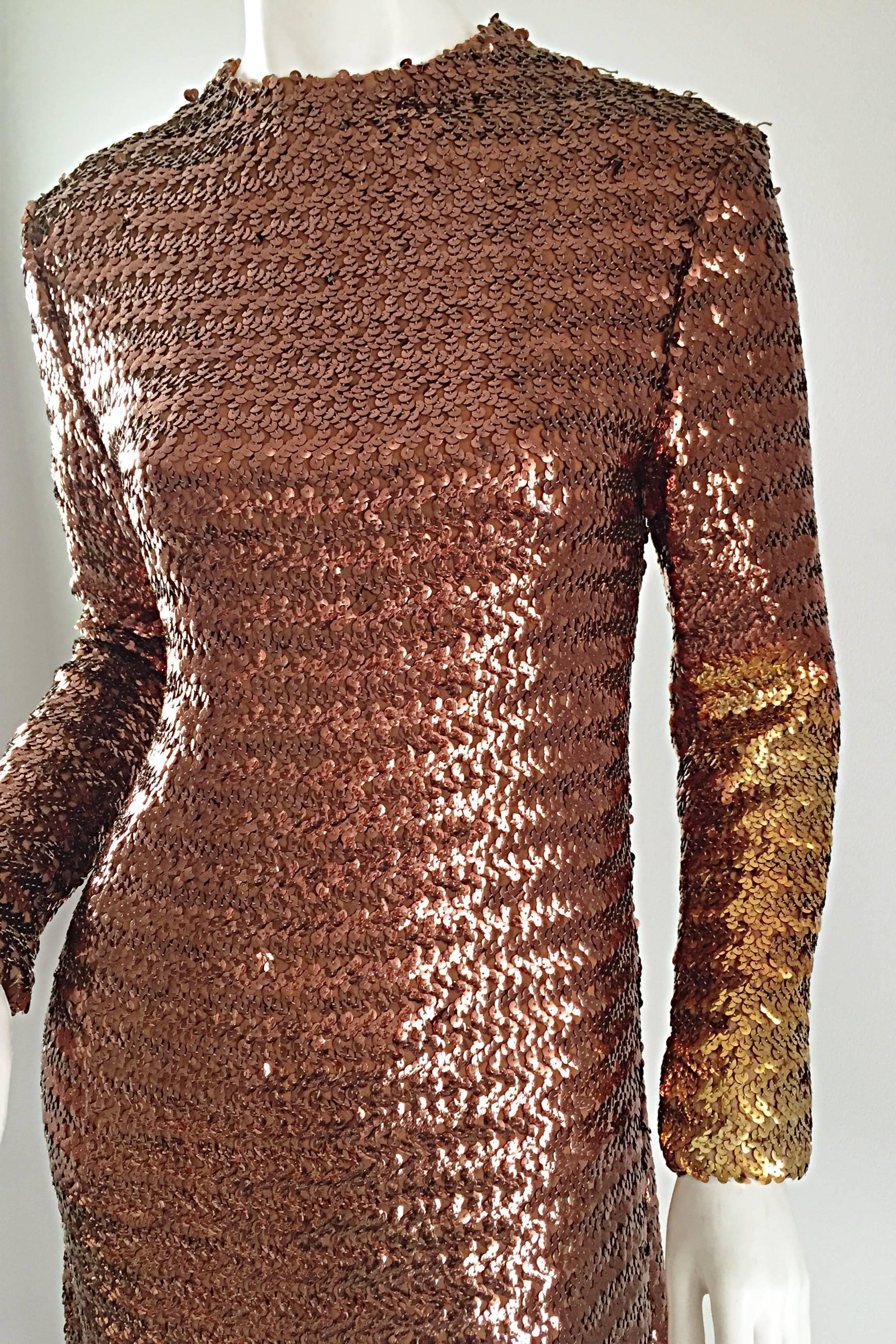 Women's 1960s Suzy Perette Bronze Ombre Fully Sequined A Line Vintage Long Sleeve Dress
