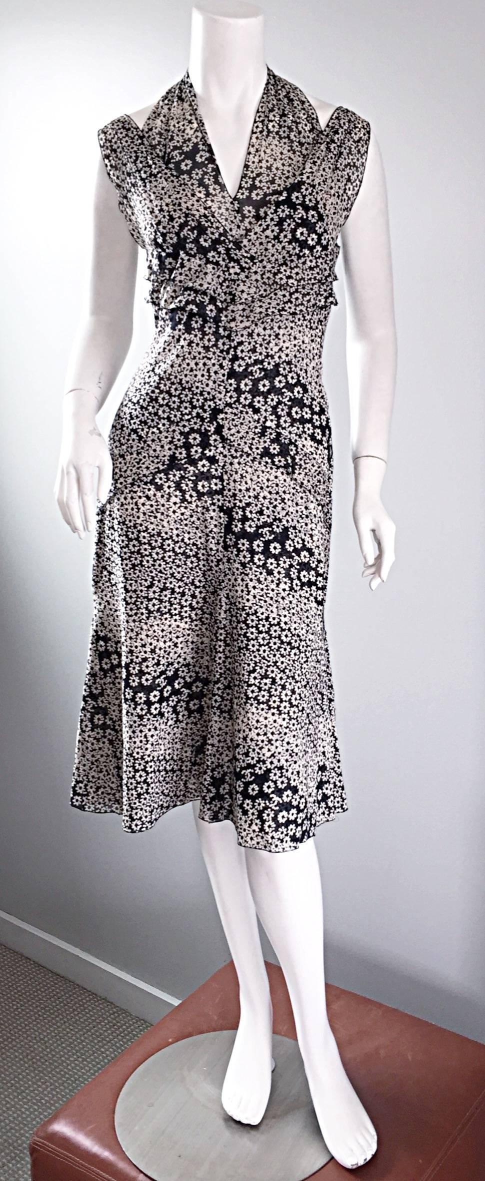 Chanel 03P Black and White Flower + Logo Print Cut - Out Cotton Halter Dress 2