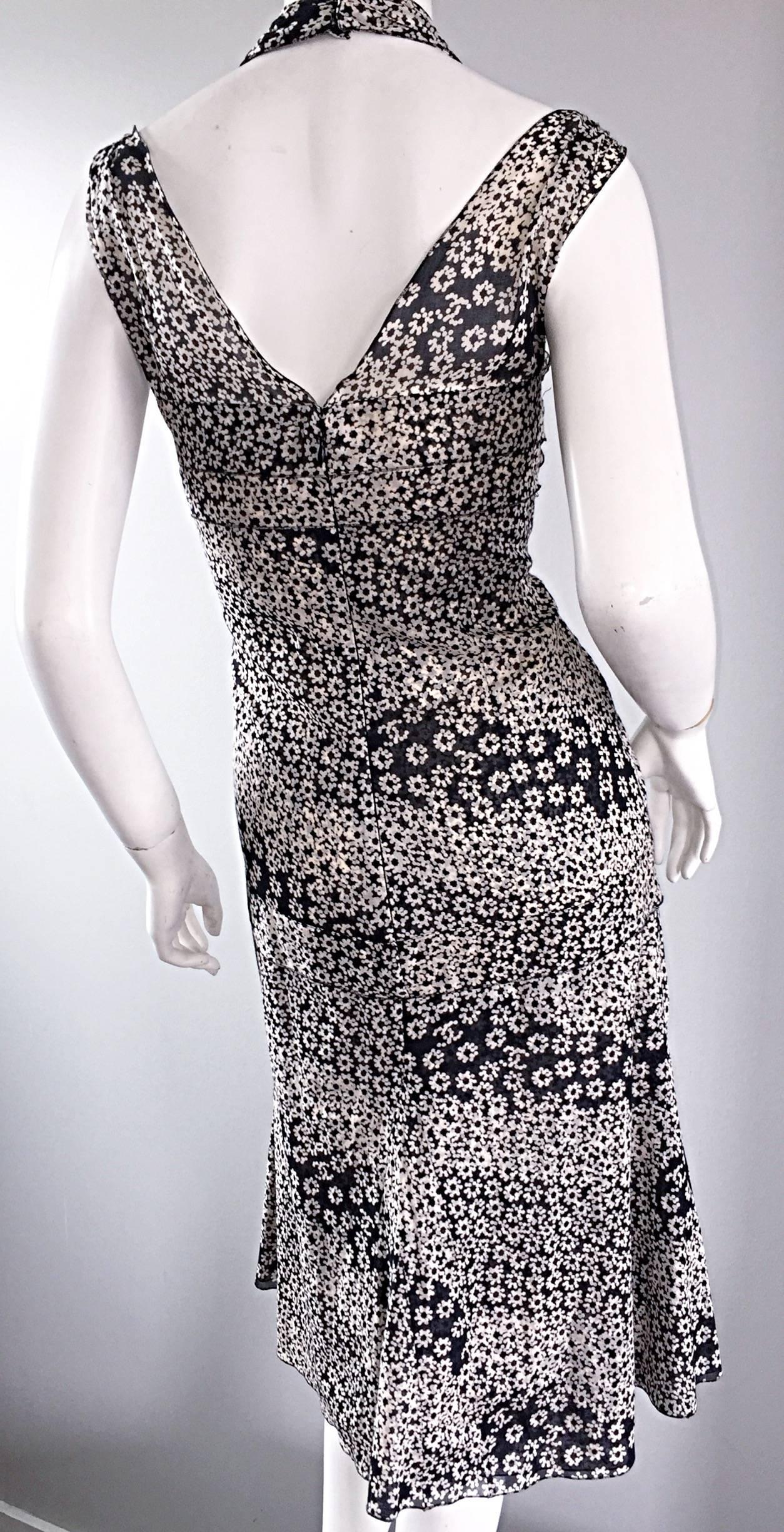 Chanel 03P Black and White Flower + Logo Print Cut - Out Cotton Halter Dress 1