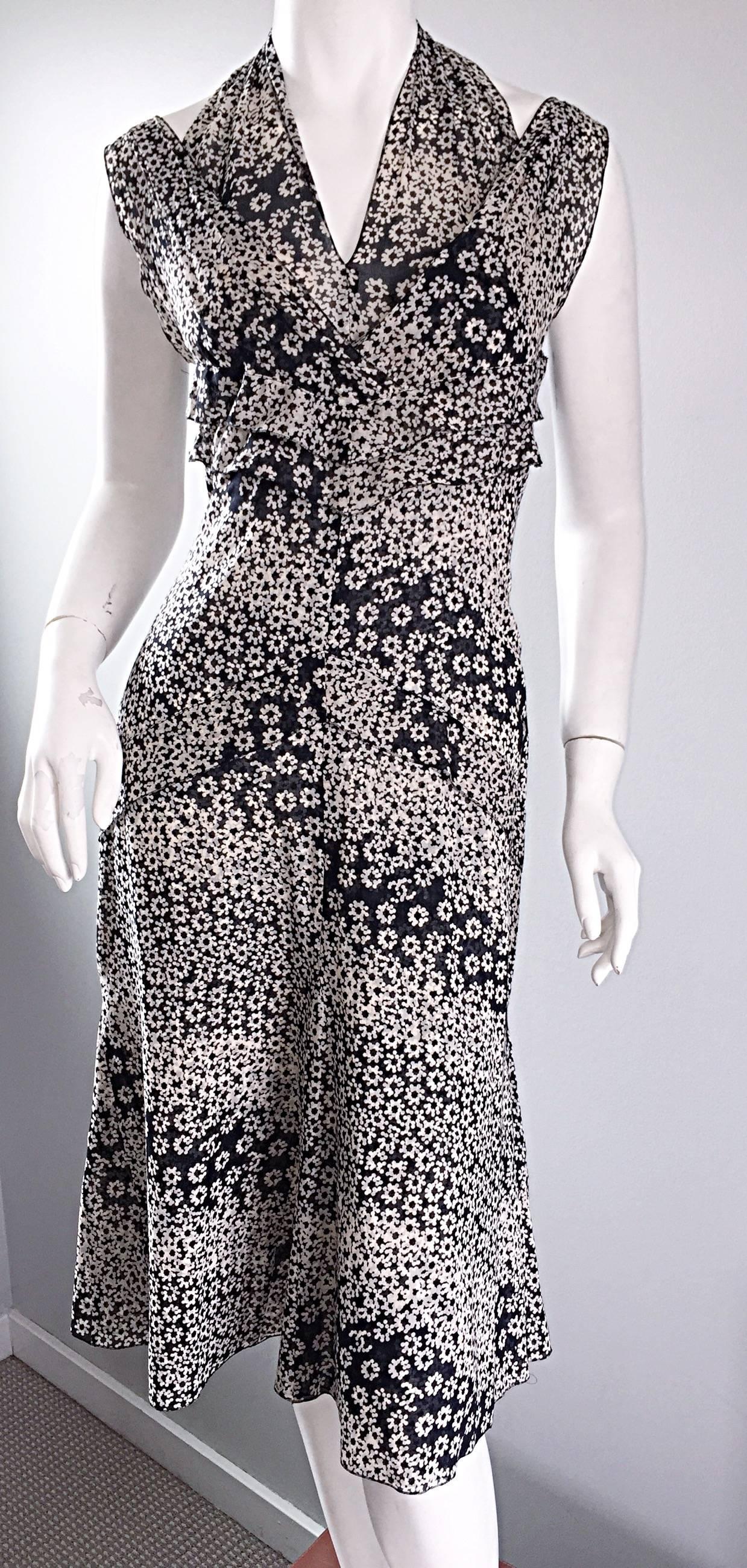 Women's Chanel 03P Black and White Flower + Logo Print Cut - Out Cotton Halter Dress