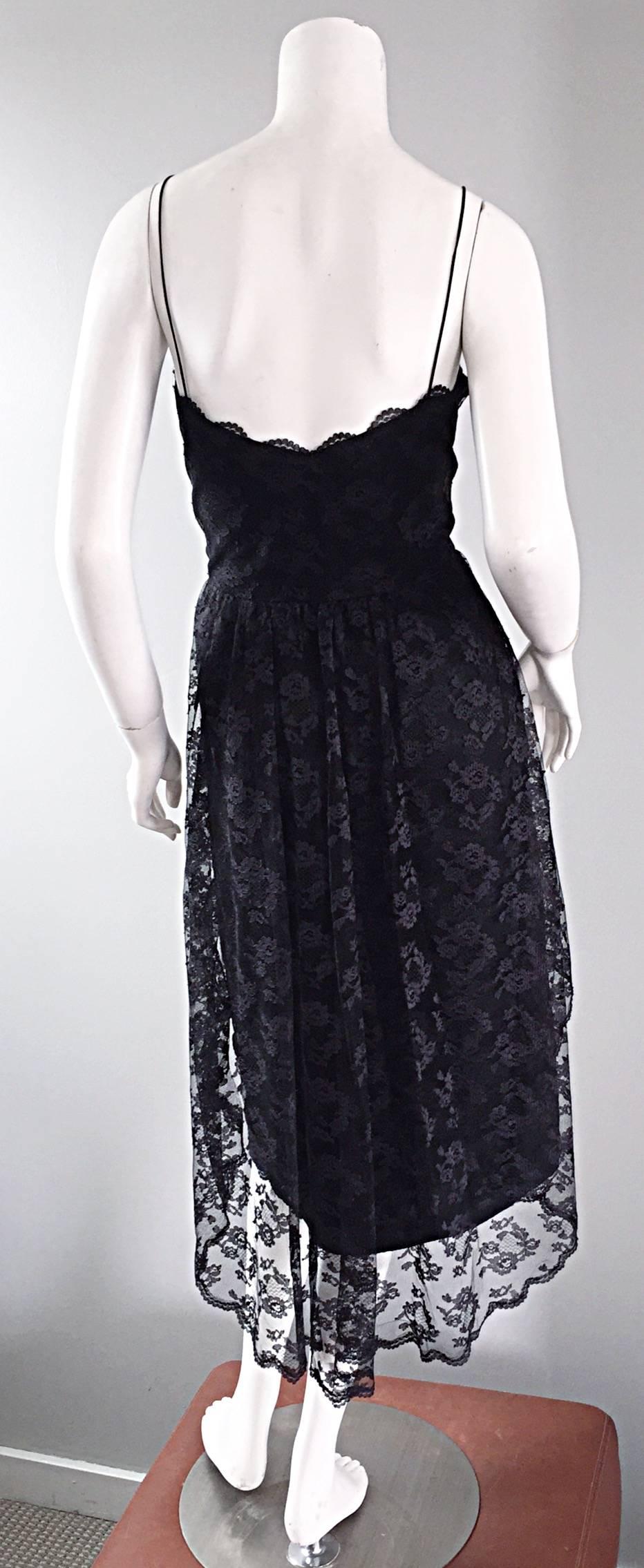 Exceptional vintage 60s MOLLIE PARNIS black Silk Chantilly lace cocktail dress, with a dip hem (train) in the back! Striking silhouette is extremely flattering on. A definite go-to little black dress! Fully lined in silk with hook-and-eye closure.