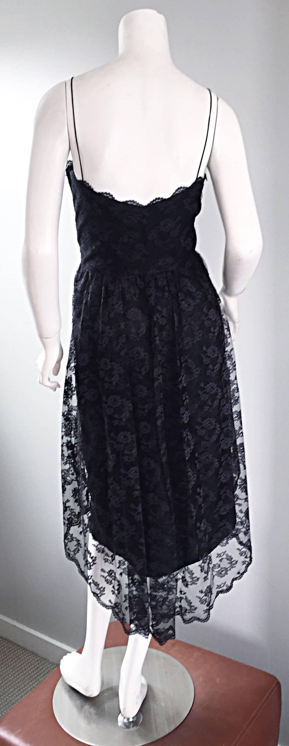 1960s Mollie Parnis Black Silk Chantilly Lace Dipped Hem Vintage Dress w/ Train  For Sale 2