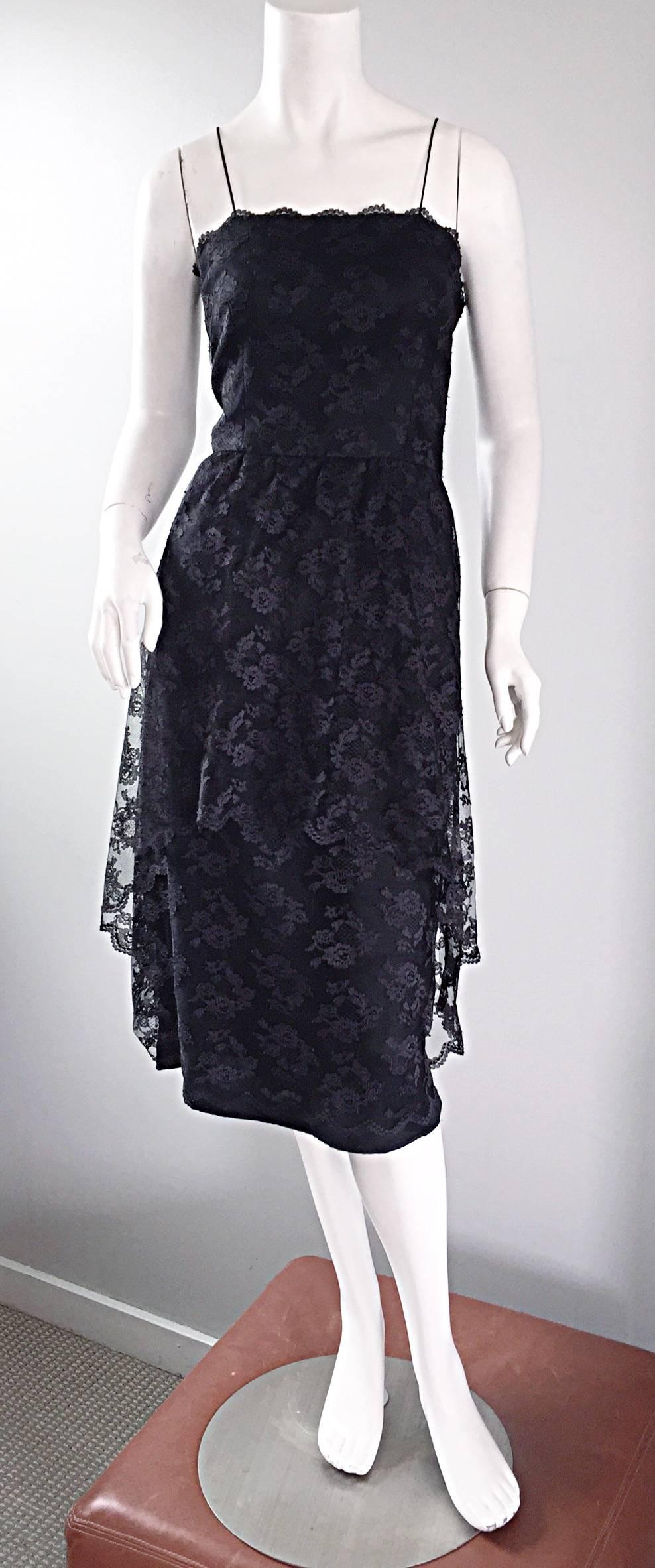 1960s Mollie Parnis Black Silk Chantilly Lace Dipped Hem Vintage Dress w/ Train  For Sale 1