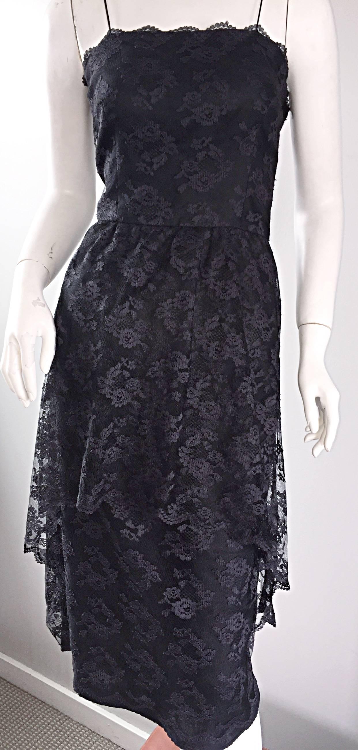 1960s Mollie Parnis Black Silk Chantilly Lace Dipped Hem Vintage Dress w/ Train  In Excellent Condition For Sale In San Diego, CA