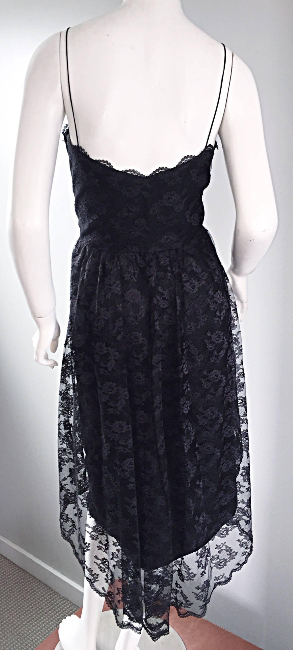 Women's 1960s Mollie Parnis Black Silk Chantilly Lace Dipped Hem Vintage Dress w/ Train  For Sale