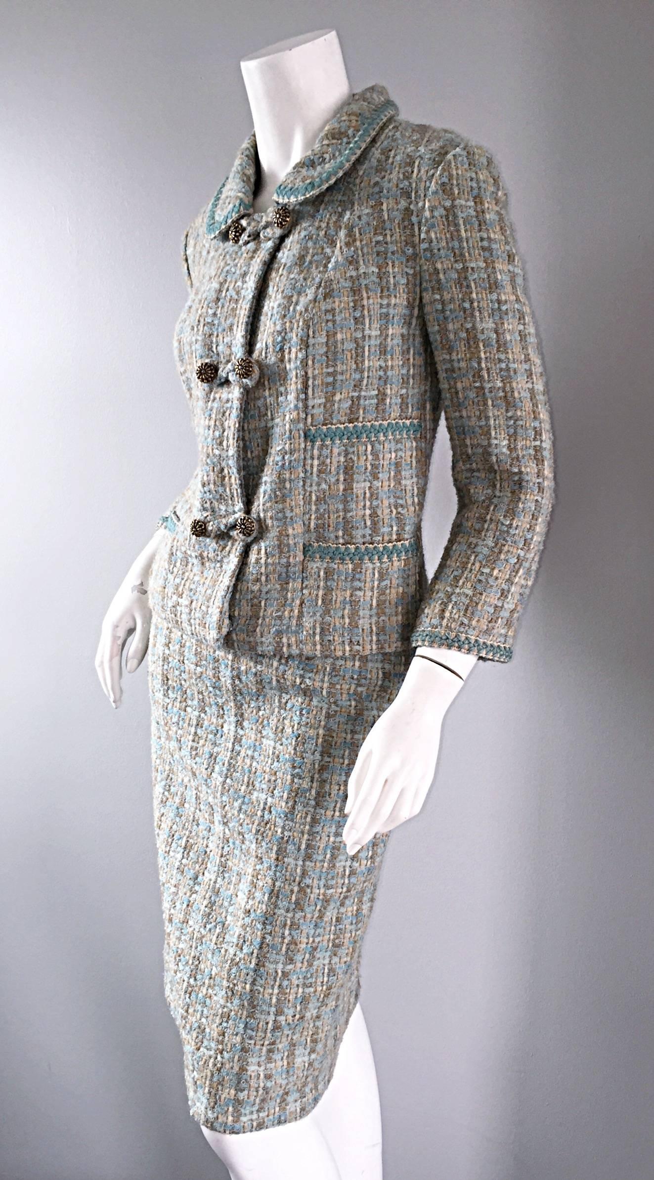 Chic Chic 1960s Roth - Le Cover Aqua Blau + Tan 60s Jackie O Style Rock Jacke Anzug im Zustand „Hervorragend“ im Angebot in San Diego, CA