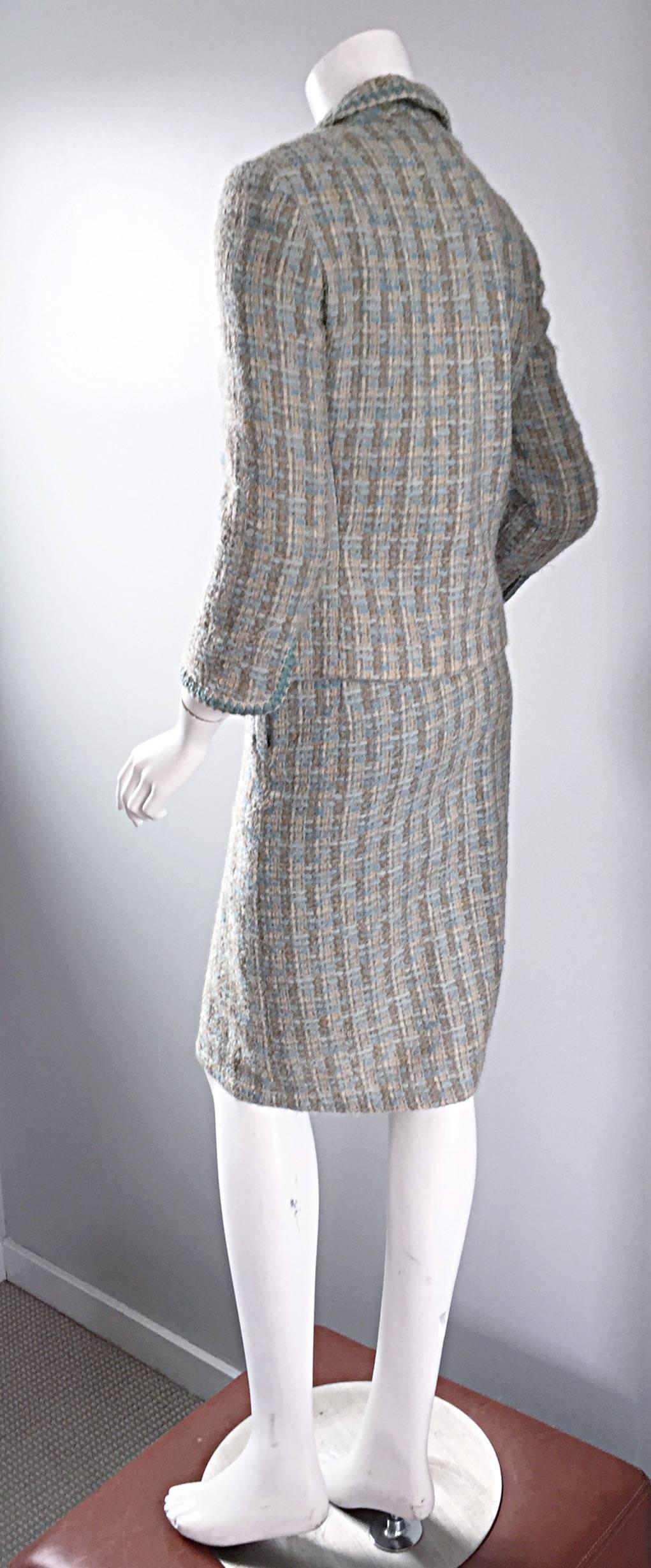 Beige Chic 1960s Roth - Le Cover Aqua Blue + Tan 60s Jackie O Style Skirt Jacket Suit For Sale