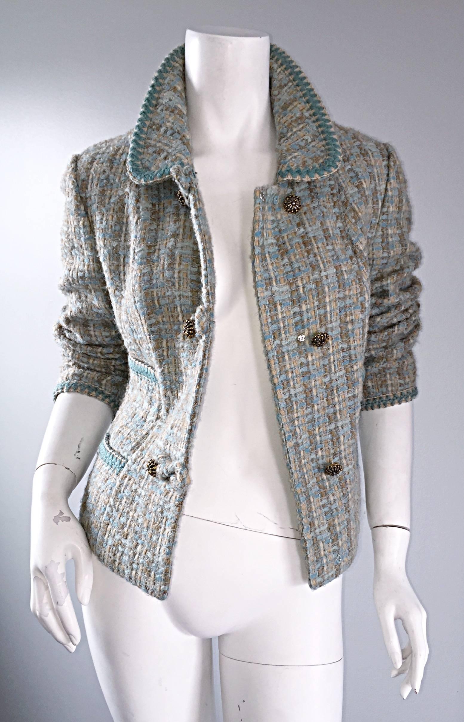 Chic 1960s Roth - Le Cover Aqua Blue + Tan 60s Jackie O Style Skirt Jacket Suit For Sale 1