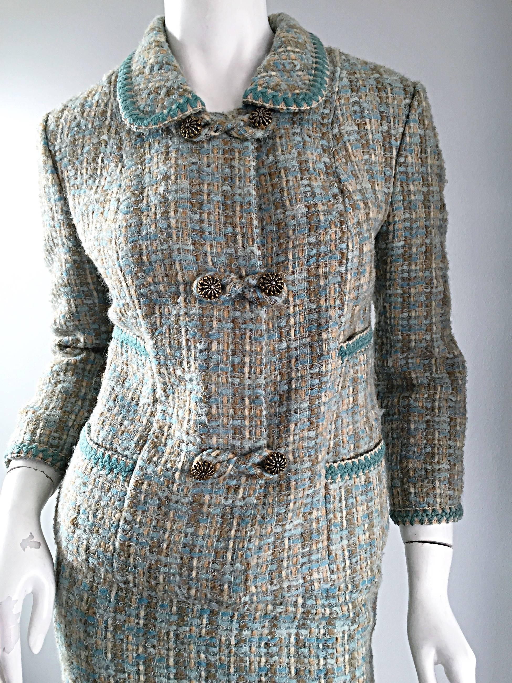 Chic Chic 1960s Roth - Le Cover Aqua Blau + Tan 60s Jackie O Style Rock Jacke Anzug Damen im Angebot