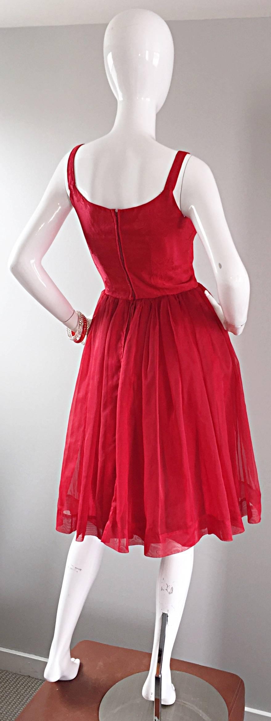 Gorgeous 1950s 50s Lipstick Red Demi Couture Silk Brocade Cocktail Dress 3