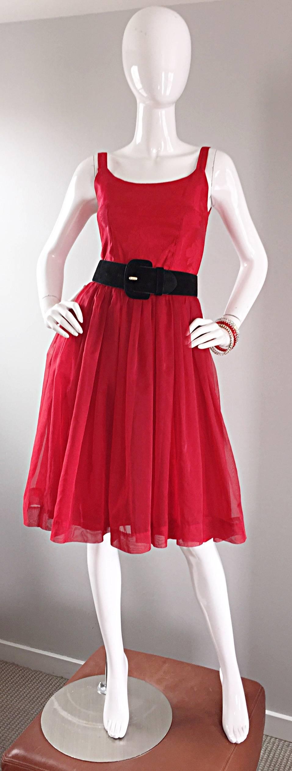 Gorgeous 1950s 50s Lipstick Red Demi Couture Silk Brocade Cocktail Dress 1